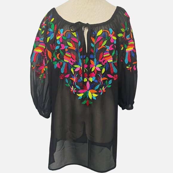 SIZE M Roja Mexican Style Embroidered Black Sheer Peasant Top Folk Art Otomi - Picture 4 of 10